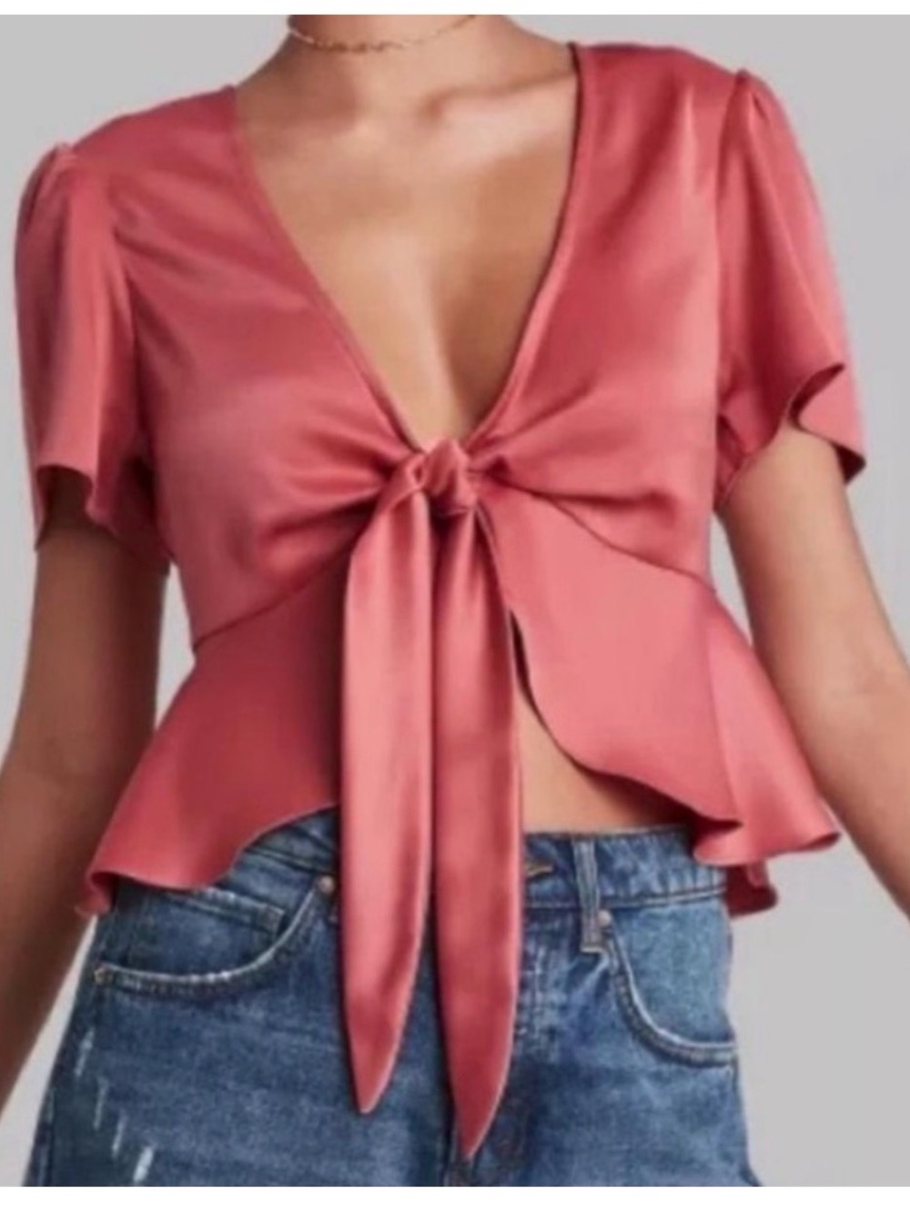 wild fable Satin Tie-Front Crop Top - Dusty Rose